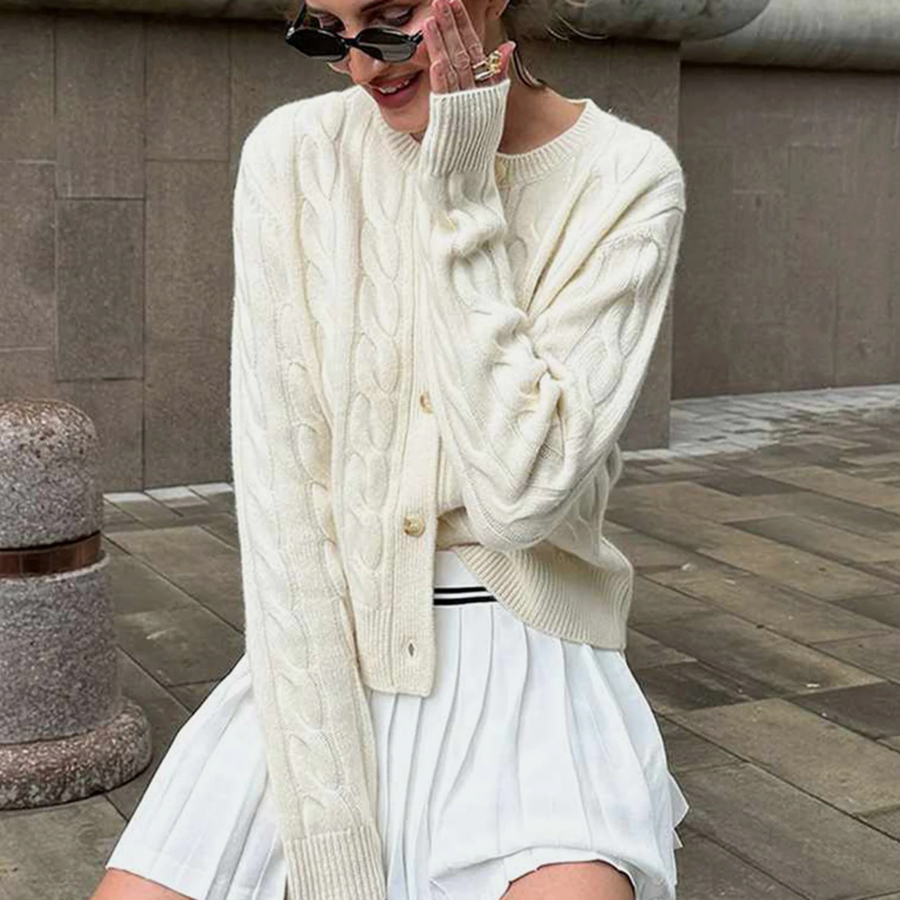 WXOY Women Knit Sweater Autumn Winter Fashion Knitted Coat Twisted Flower Knitting Crewneck Cardigan Long Sleeve Beige Flat