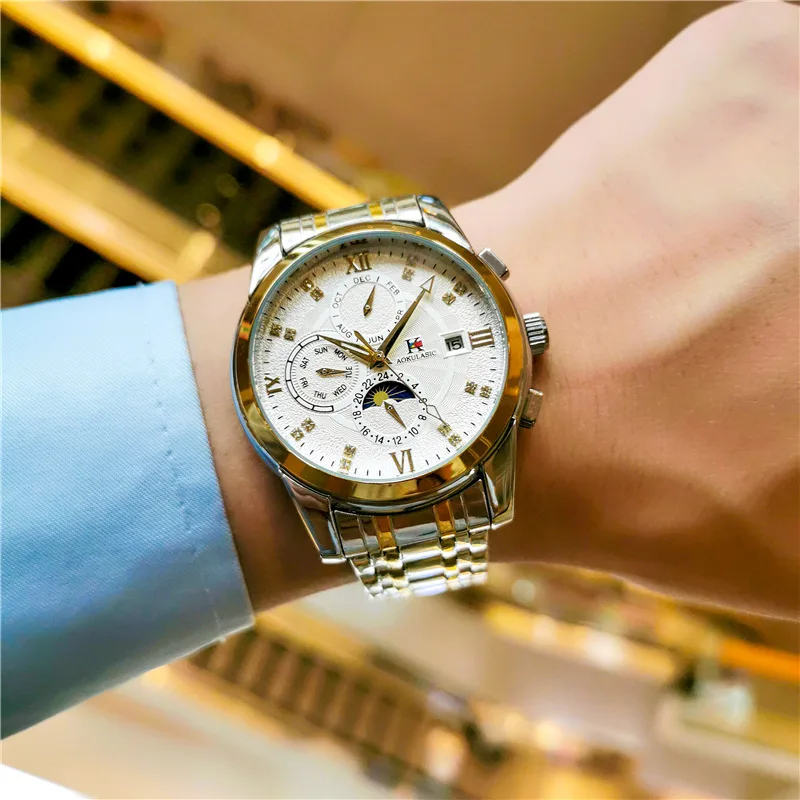 AOKULASIC Automatic Mechanical Watch Small Second Hand Multi Function Waterproof Luminous Tourbillon Mens Student Trendy