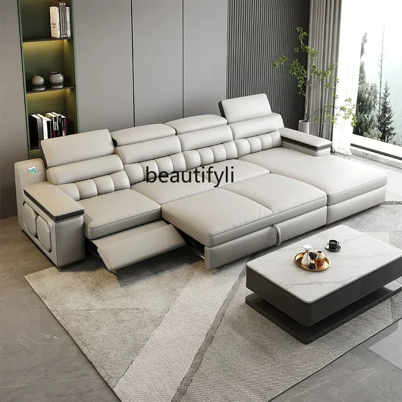 First Class Top Layer Leather Electric Multifunctional Retractable Sofa Bed Dual-Use Living Room Sofa