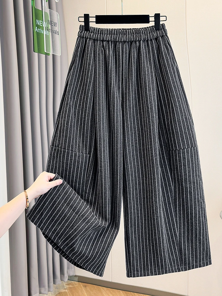 Autumn Winter plus Size Wide Leg Pants Nine Points Striped Elastic Waist Slimming Casual Trousers for Women High Waist Printed