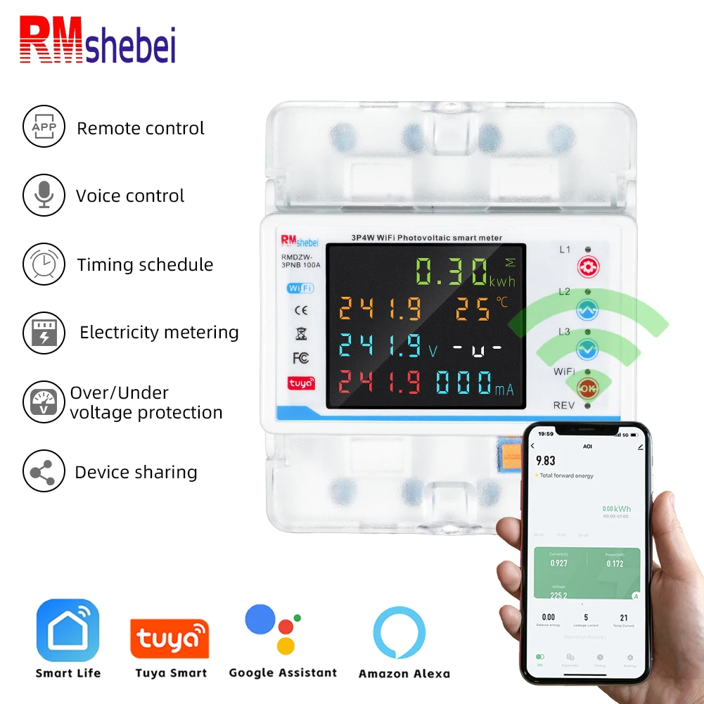 RMshebei Tuya Smart WiFi Circuit Breaker 4P100A Two-way Metering Remote Control Over-voltage/ Under-voltage  protection
