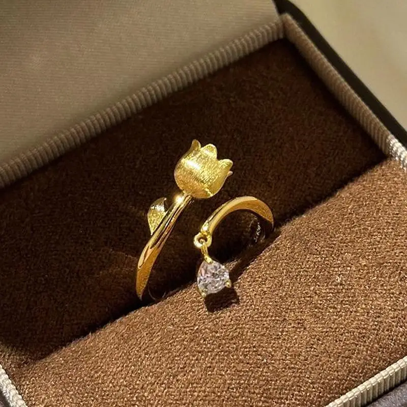 Ancient gold crafts brushed lily of the valley rings for women tassel inlaid diamonds water drop diamond Female Ring adjustable