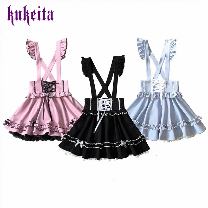 

Kukeita Gothic Lolita Kawaii Skirts Women Japanese Sweet Lace Up High Waist Ruffles Suspender Mini Skirt Harajuku Y2k Outfit