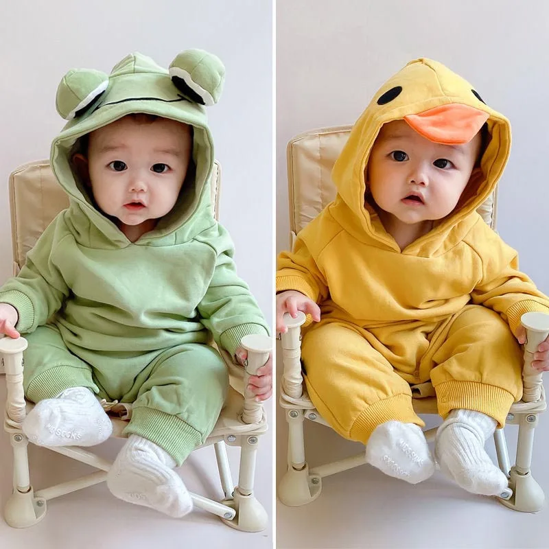 Spring and Autumn Newborn Cartoon Solid Color Jumpsuit Cute Baby with Hoodie and Crawling Suit Baby Outing Bodysuit Cute Hoodie