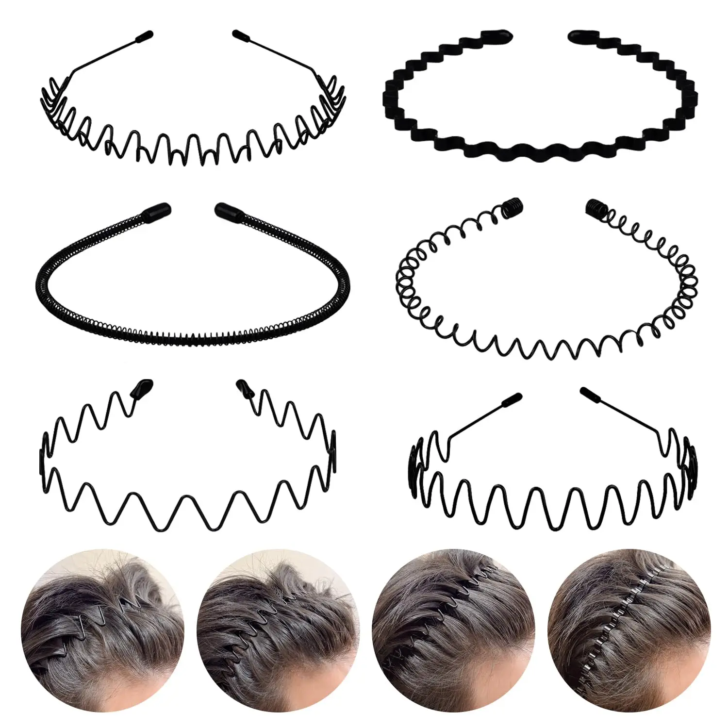 

6PCS Metal Hair Bands Spring Wavy Hoop Unisex Non Slip Sports Headband for Women Men Black