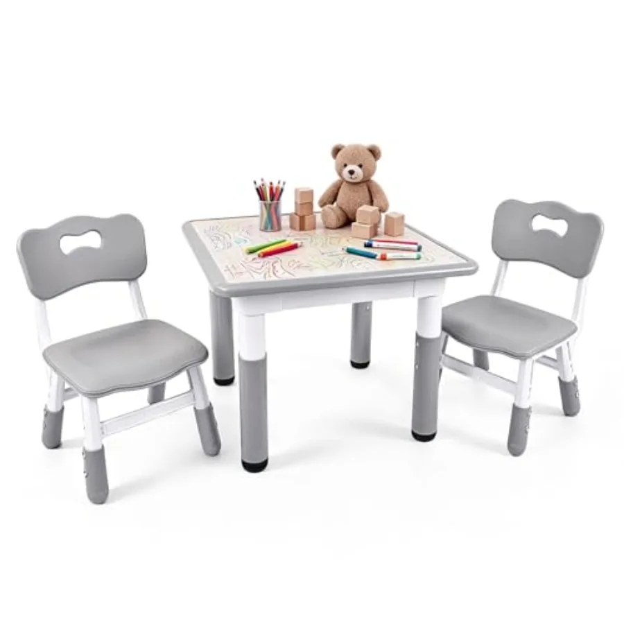 

Table and Chairs Set - 23.6" L x 23.6" W Height Adjustable Toddler Desk Non-Slip Toddler Table with Graffiti Desktop for Ages 2