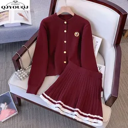 College style gentle slim fit long sleeved knitted cardigan women's autumn new knitted sweater+pleated skirt two-piece set