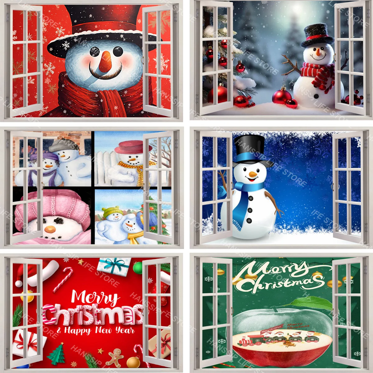 

Red Christmas Snowman Window View Christmas Wall Sticker Removable New Year Home Decoration Apple Gift Wall Art Decals