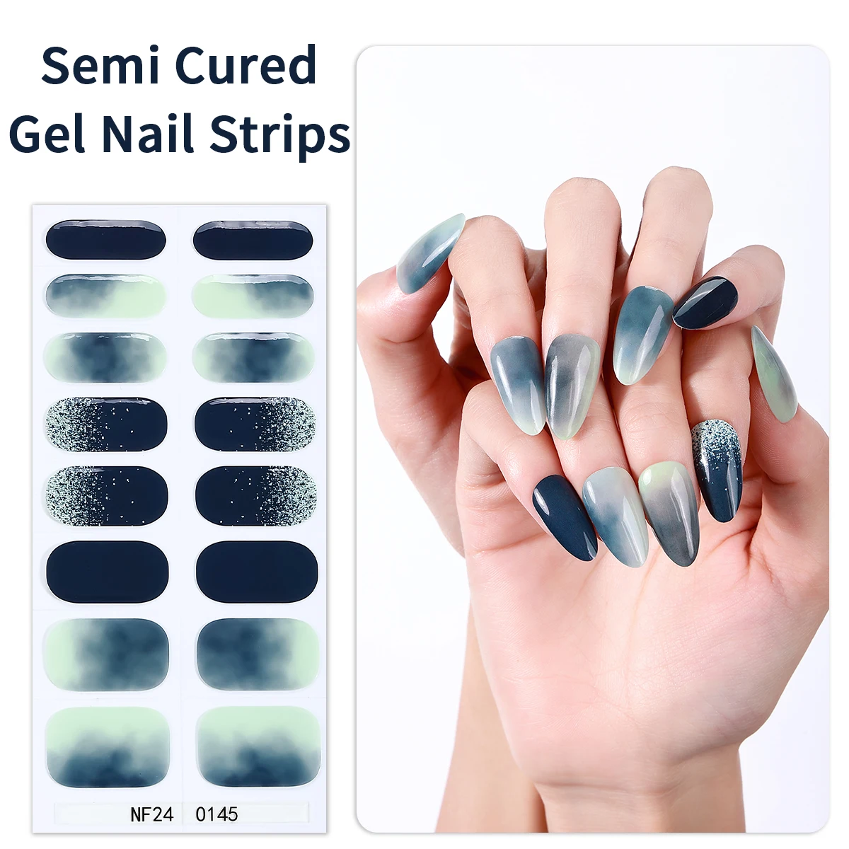 

16Tips Bright Gradient Semi Cured Gel Nail Strips Sparkling Gel Nail Sticker Long-Lasting Full Cover UV Nail Wraps DIY Manicure