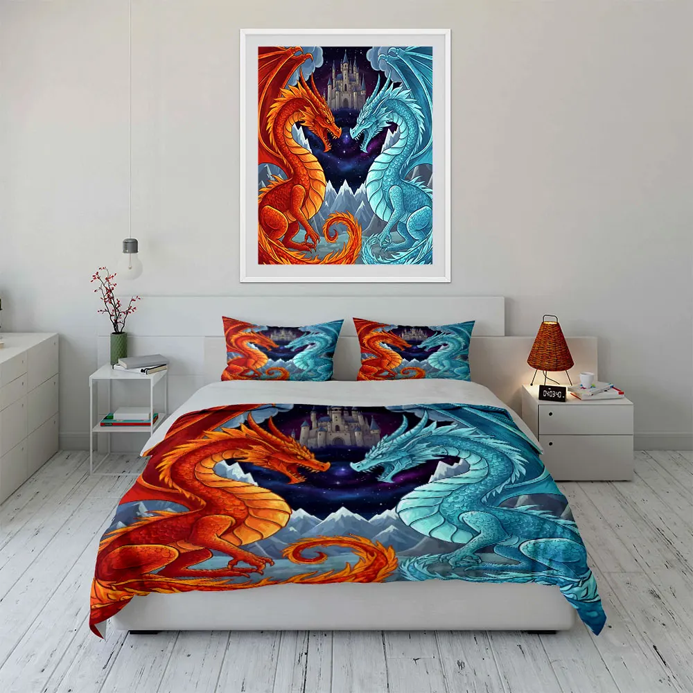 Red and blue dragons facing castle Pattern Duvet Cover Set Digital Print Colorful Polyester Bedding with Zipper Closur for gifts