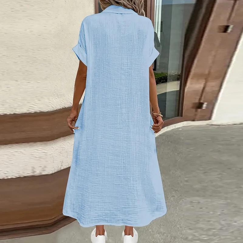 Frauen Mode Sommer Midi Kleid V-ausschnitt Button Up Urlaub Kleider Frauen Baumwolle Leinen Weiß Kurzarm Tasche Casual Hemd Kleid