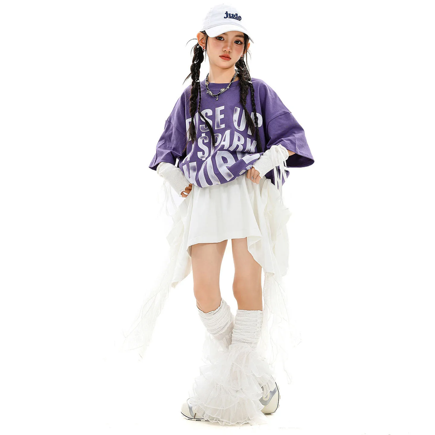 Criança kpop hip hop roupas letras roxas t camisa topo branco rua rendas cinta mini saia para menina jazz dança wear traje roupas