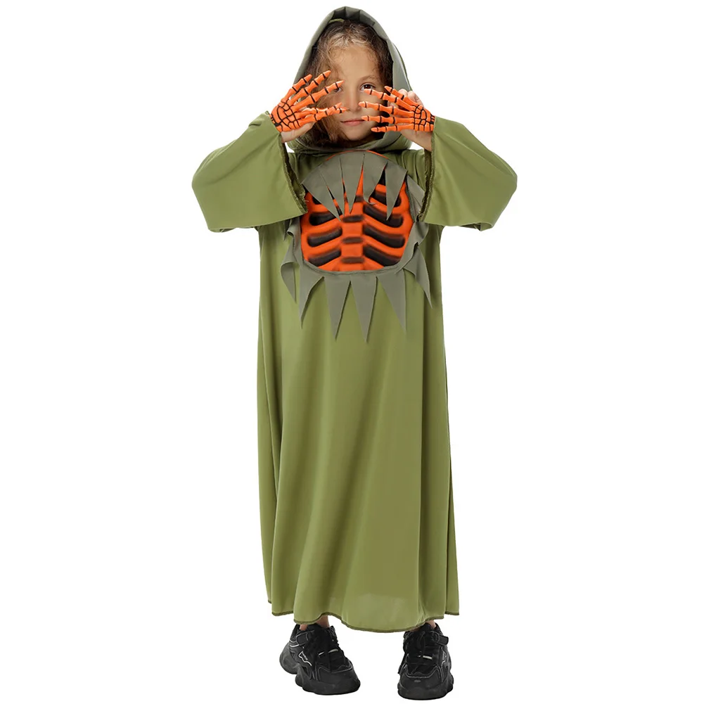 Kids Halloween Pumpkin Skeleton Mask Green Robe Outfits Children Stage Performance Costume Carnival Party Roleplay Terror Suit