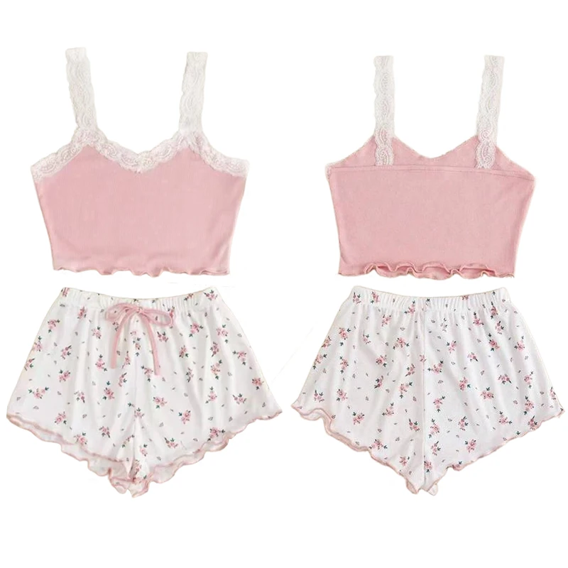 

Женский соблазнительный комплект пижамы из кружева с V-образным вырезом, сексуальный топ-камизол с принтованными шортами, мягкая одежда для сна и отдыха