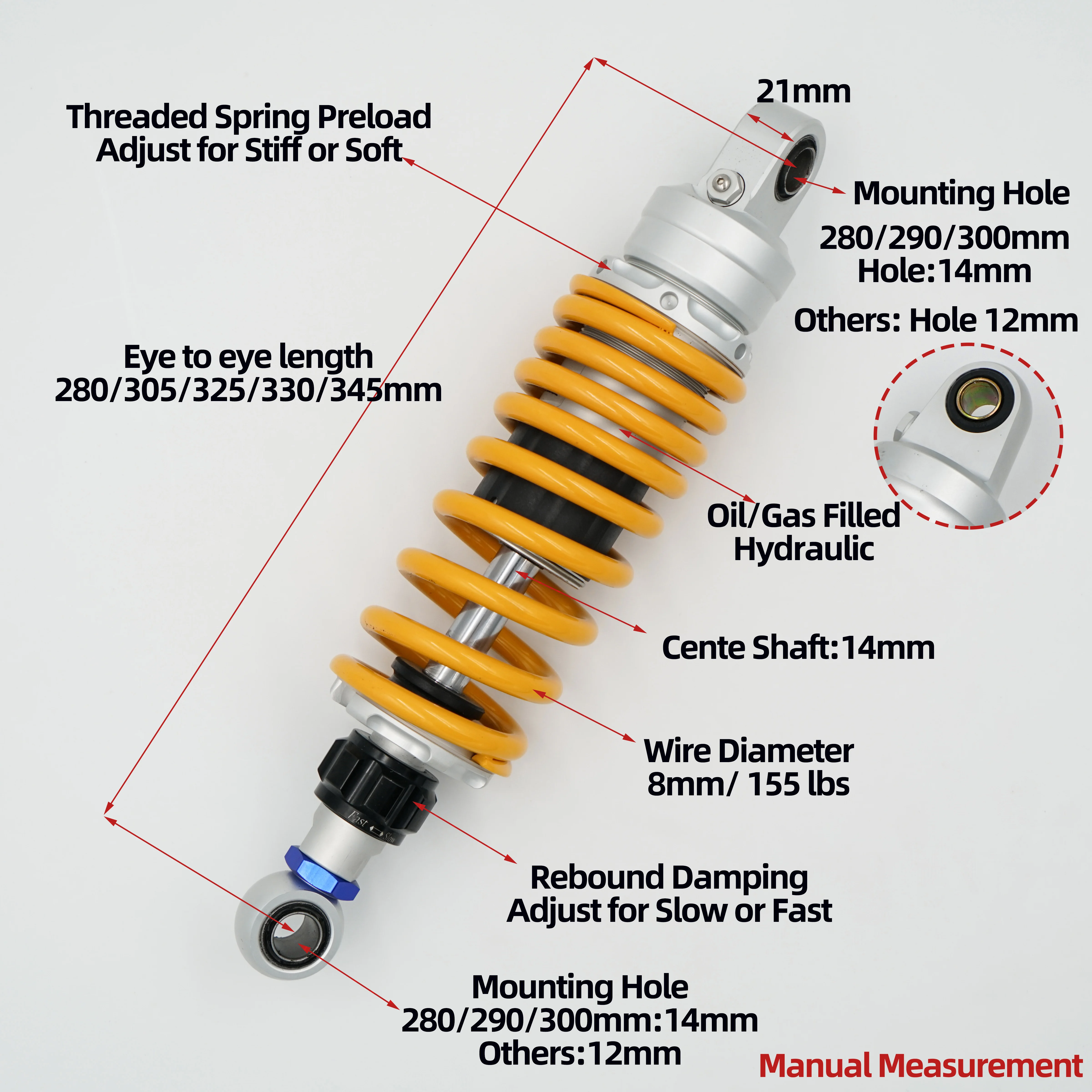 1 piece 8mm/155lbs Spring Coil Side Rear 280mm 305mm 360mm 330mm for Damping Adjustable V16 TR300 Grey 300 Honda Rebel 250 300