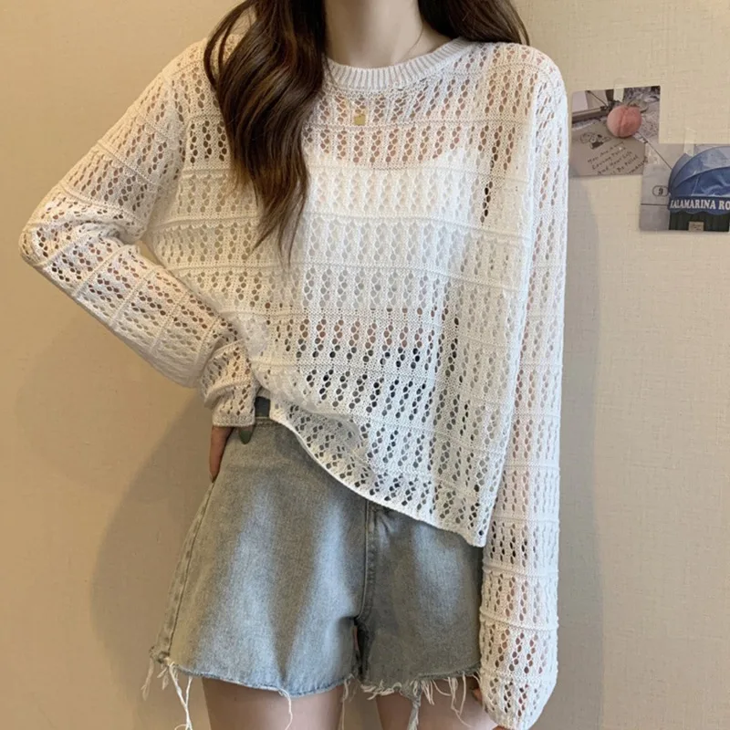 BIGSWEETY Women O-Neck Loose Casual Shirt Hollow Out Beach Top Knit Long Sleeve Tees See-through Crop Top Spring Summer