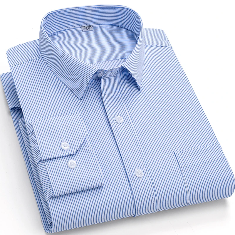 Men's Classic Mature Striped Long Sleeve Dress Shirt with Pocket, Regular Fit All Season Formal Business Button-Up Shirts