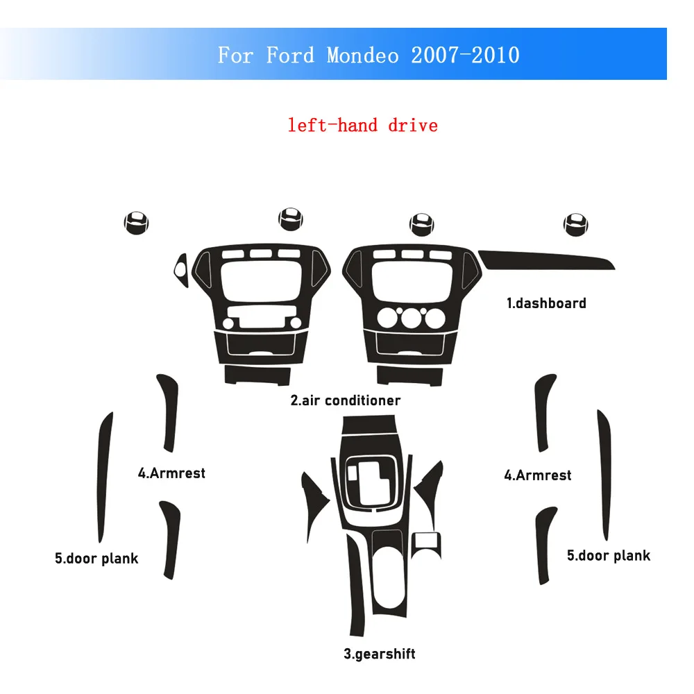

Наклейка из карбонового волокна для Ford Mondeo 2007-2010: пленка для интерьера, центральной консоли, приборной панели, дверных ручек, панели управления климат-контролем