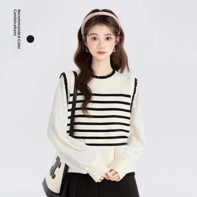 

Women's Striped Knitwear Long Sve High Waist Pleated Skirt Two-Piece Set Spring New Sle Loose Fit round Ne Regular Thi...