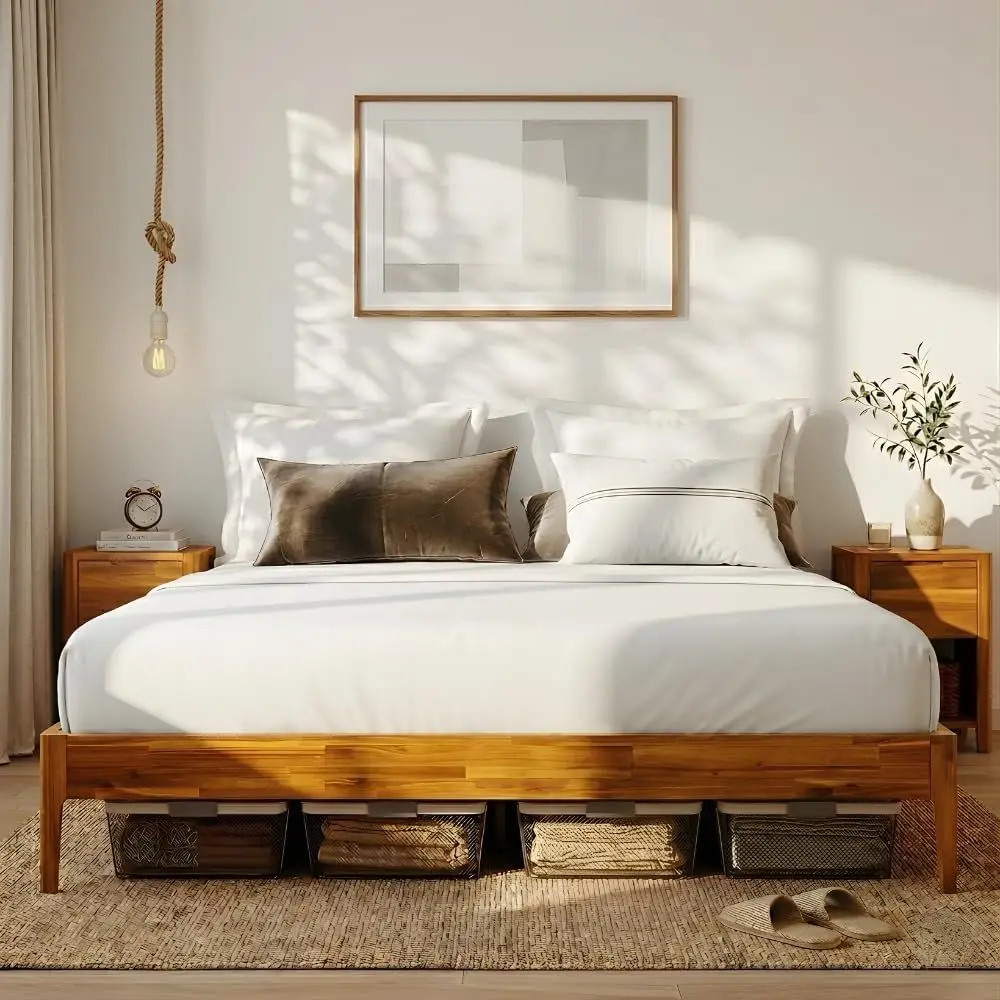 Howizz Camila 14'' Luxury Acacia Wood Bed e – Heavy Duty Queen Platorm, Japanese Joinery Bed e, No Box Spring Needed, ern Design