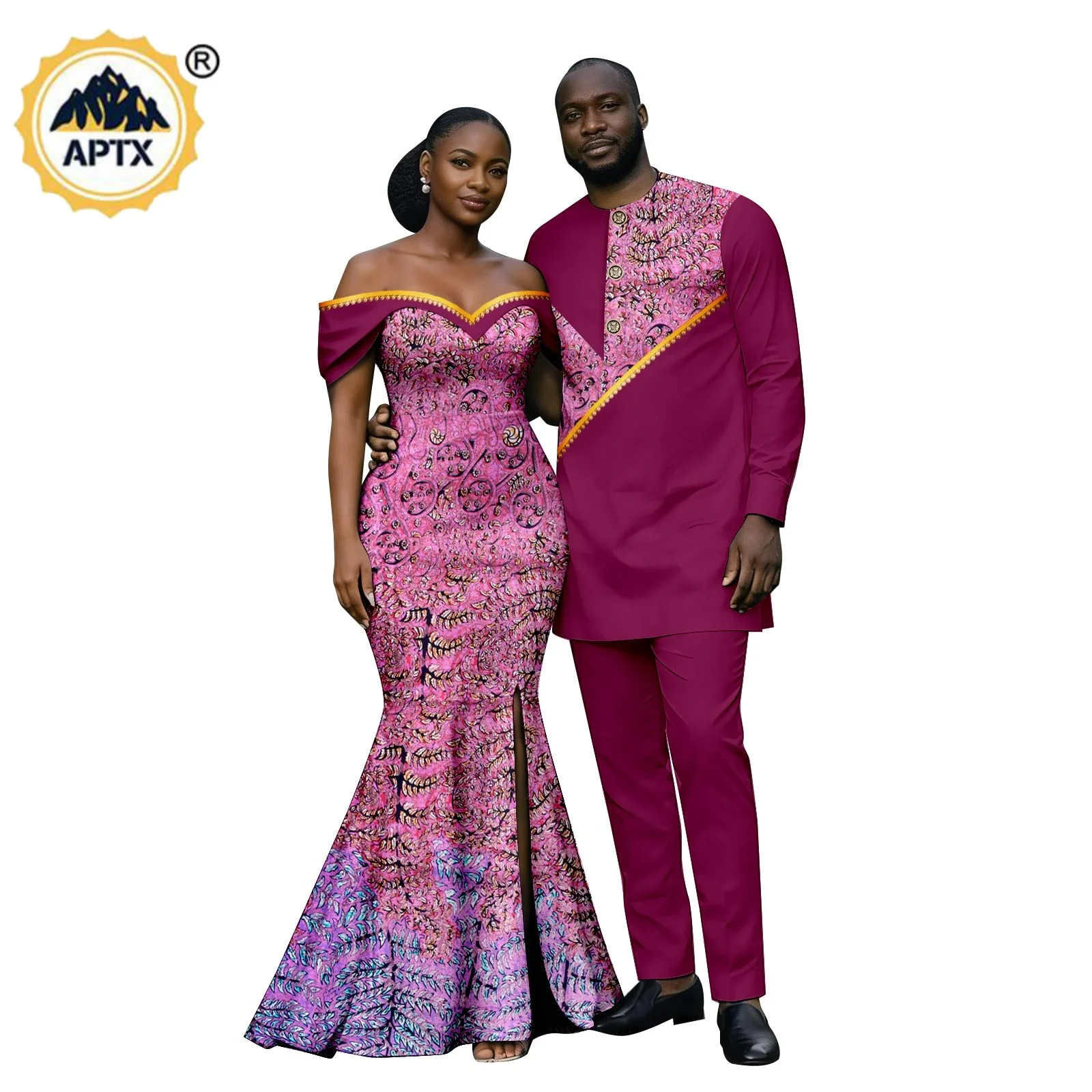 

African Sexy Print Long Mermaid Dresses for Women Matching Couple Outfits Dashiki Plus Size Men Top Shirt and Pant Sets 26C035