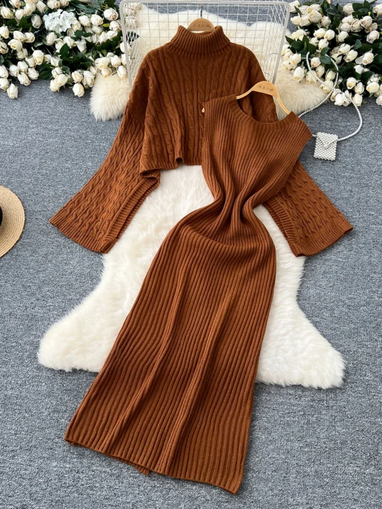 Women Casual Elegant Knitt Two-piece Set Autumn New High Neck Sweater High Waist Slim Round Neck Knitt Sleeveles Dress for Women