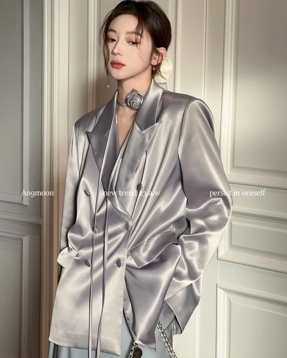 Spring Retro Women Silver Satin Suit Jacket Turn Down Collar Faux Silk Blazers Coat OL Glossy Cardigan 3D Flower Choker Tops