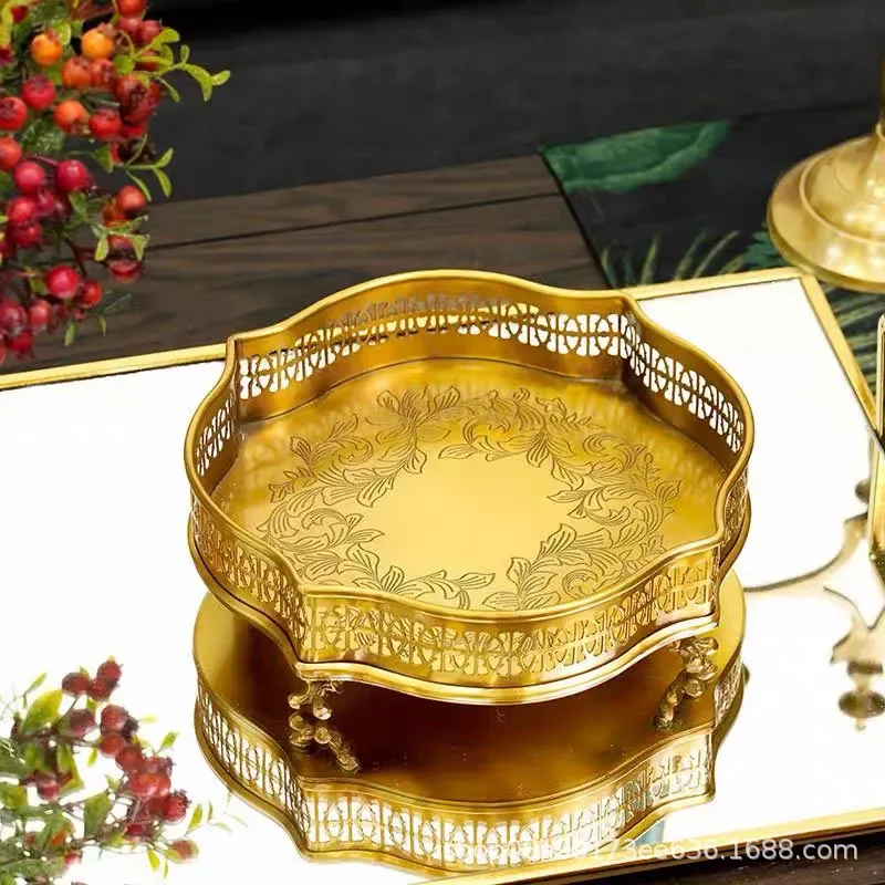Retro brass hollow engraved American sundries storage plate household bedroom living room coffee table fruit plate storage