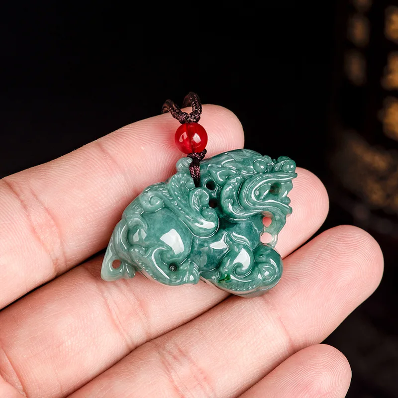 Natural A-grade Jade Pendant, Flying Qilin Dark Green Jade and Stone Pendant Male and Female Lovers Jewelry and Jade Necklace