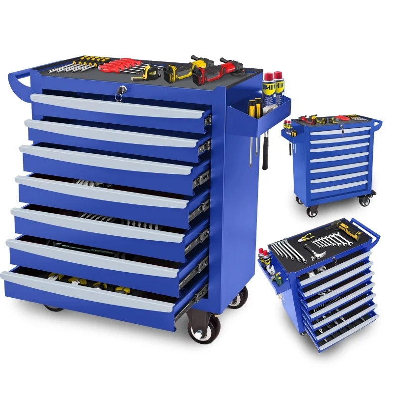 Blue 7-Layer Metal Toolbox with Key Locking System & Wheels - Durable, Multi-Functional Storage Cart