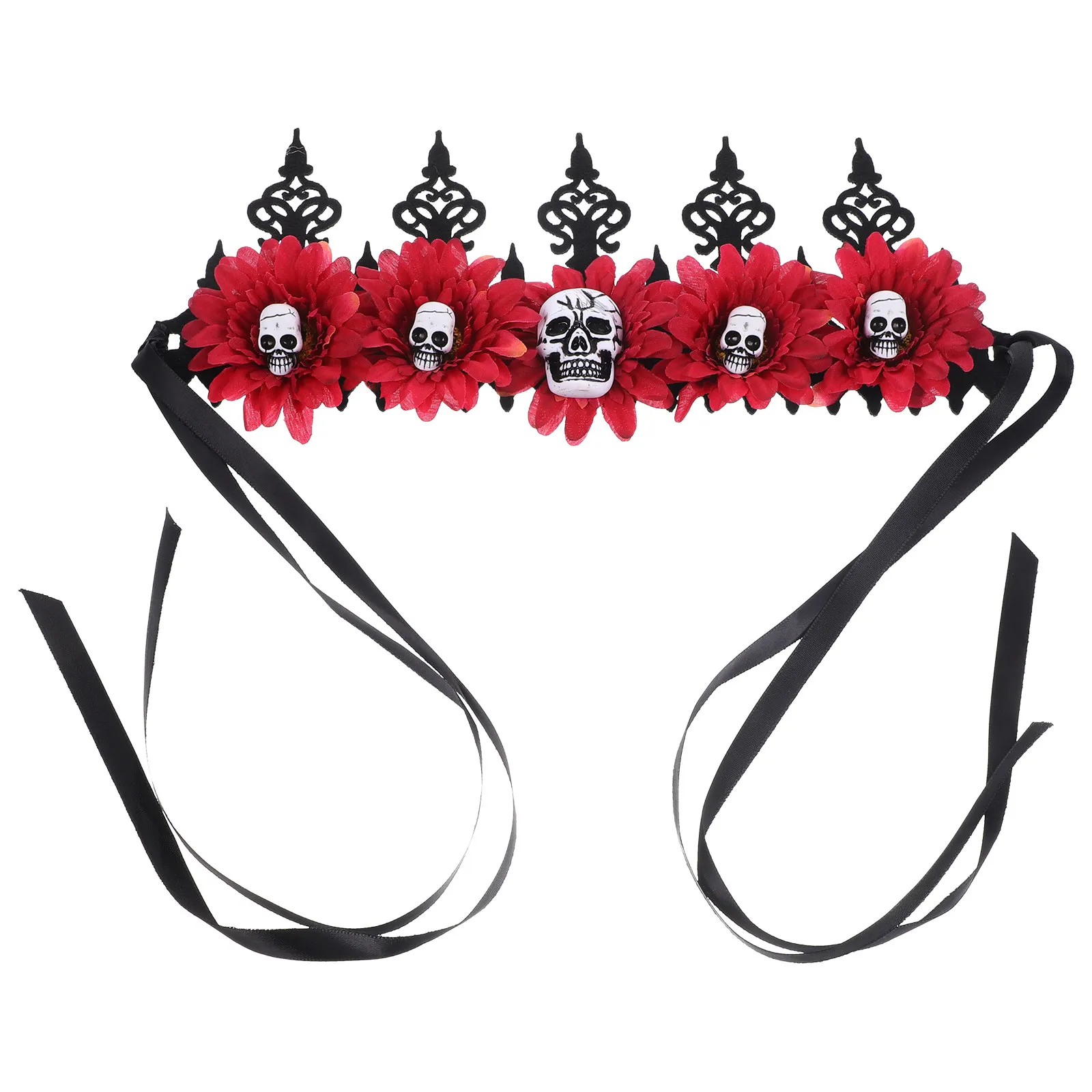 

Искусственная цветочная корона-ободок в готическом стиле для женщин, аксессуар для вечеринки на Хэллоуин, с черепами из смолы, из нетканого материала и шелка, прочная и удобная