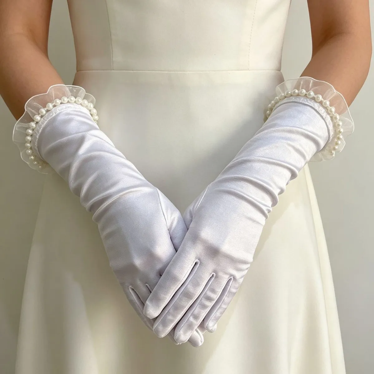Bridal Gloves Long Satin Faux Pearl Lace Trim White Ivory Elegant Comfortable Breathable Lightweight for Wedding Women Photo