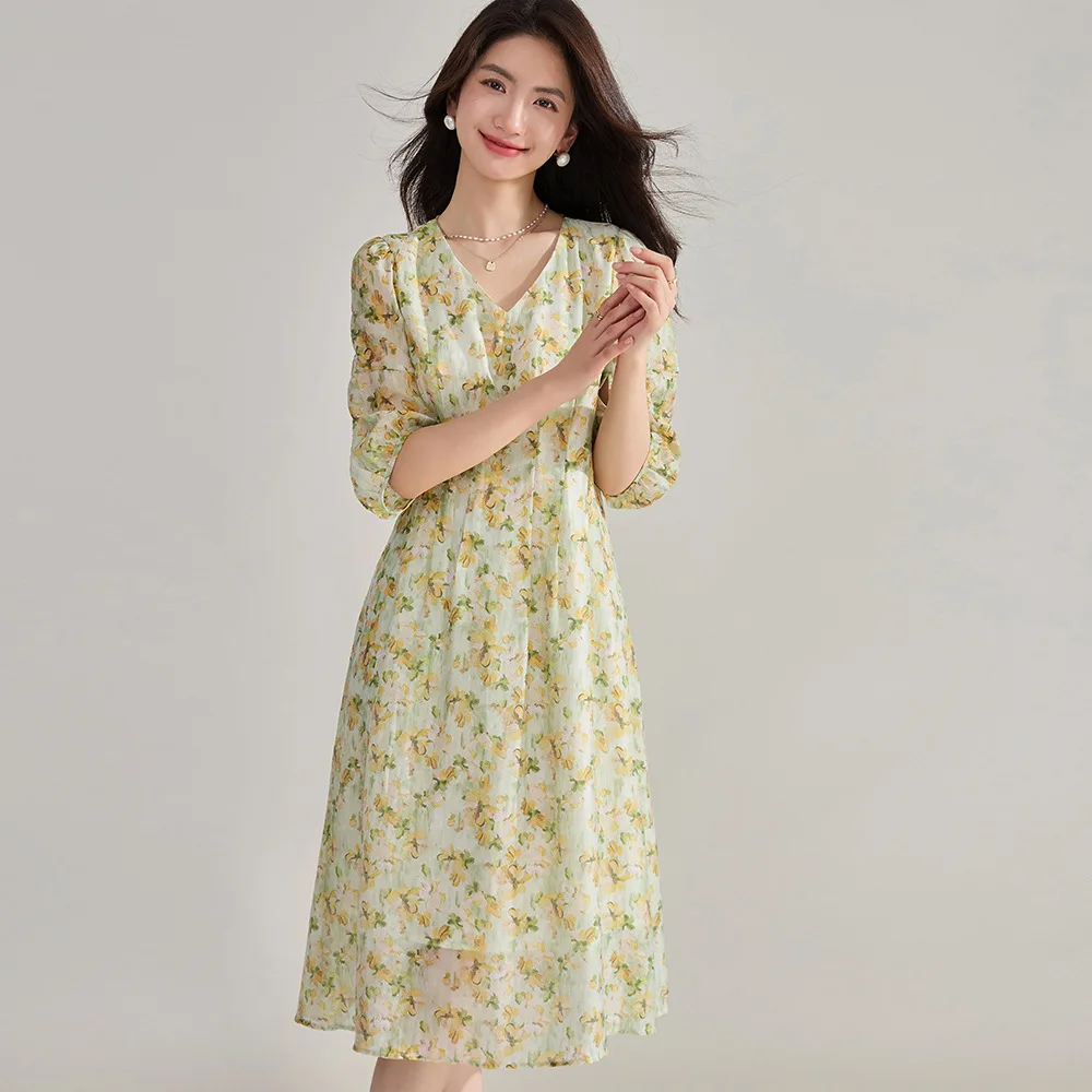 Maxdiane Summer New Gentle Beach Vaion Sleeen Floral V-ne Dr Faionable Maxi Dr للنساء فوق 35 عامًا