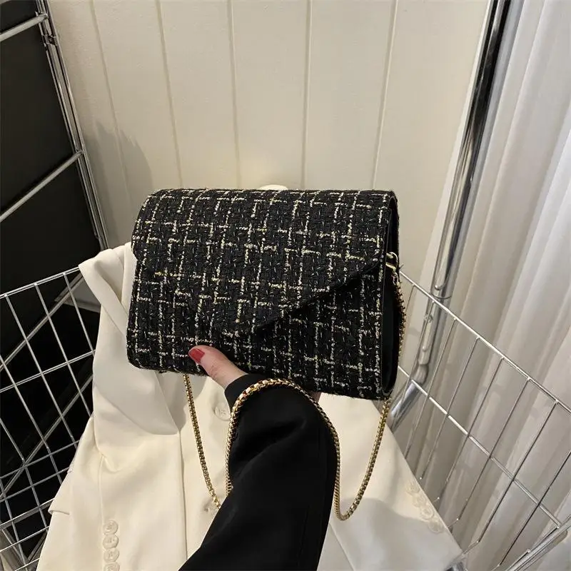 Fashion Plaid Print Tweed Crossbody Bag for Women Casual Versatile Female Shopping Chain Shoulder Pack Large Capacity Handle Bag