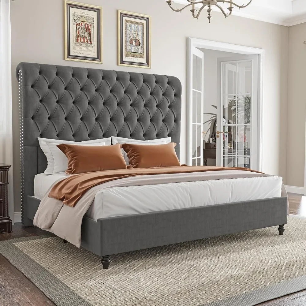 

Velvet Upholstered Tall Sleigh Bed Frame 60" Headboard, Platform Design, No Box Spring Required