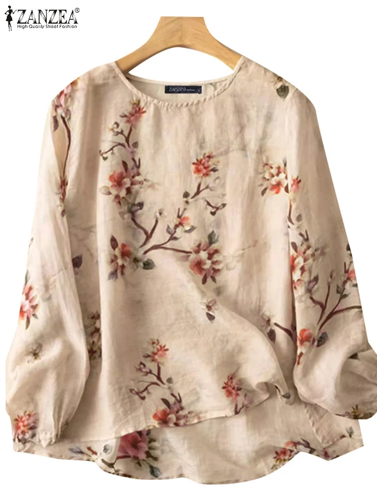 ZANZEA-túnica informal con cuello redondo para Mujer, Blusas Vintage de manga larga con estampado Floral, para uso diario, para vacaciones, Otoño, 2024