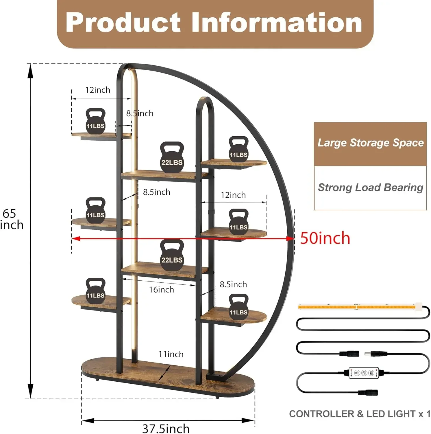 Big Plant Stand Indoor with LED Light, 65”Tall Metal Plant Shelf Flower Stand for Multiple Plants, 9 Tier Moon-Shaped Plant Rack