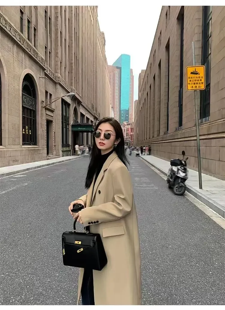 เสื้อโค้ทเทรนช์โค้ทสีกากีทันสมัยสำหรับผู้หญิง สไตล์เกาหลีใหม่ รุ่นสั้น กลาง ยาว คลุมเข่า