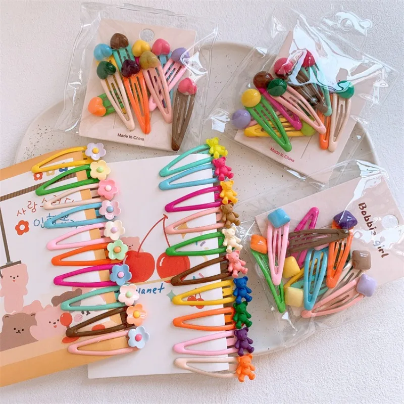 

Набор разноцветных контрастных заколок-капель с мультяшными мишками и цветами для девочек, боковые заколки-невидимки, нескользящие, не повреждают волосы