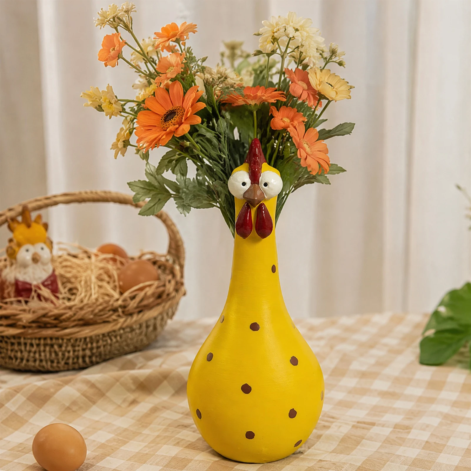 Long-Necked Chick Vase with Colorful Polka Dots Resin Art Rooster Sculpture Decors for Home Desktop Display Florals Arrangement