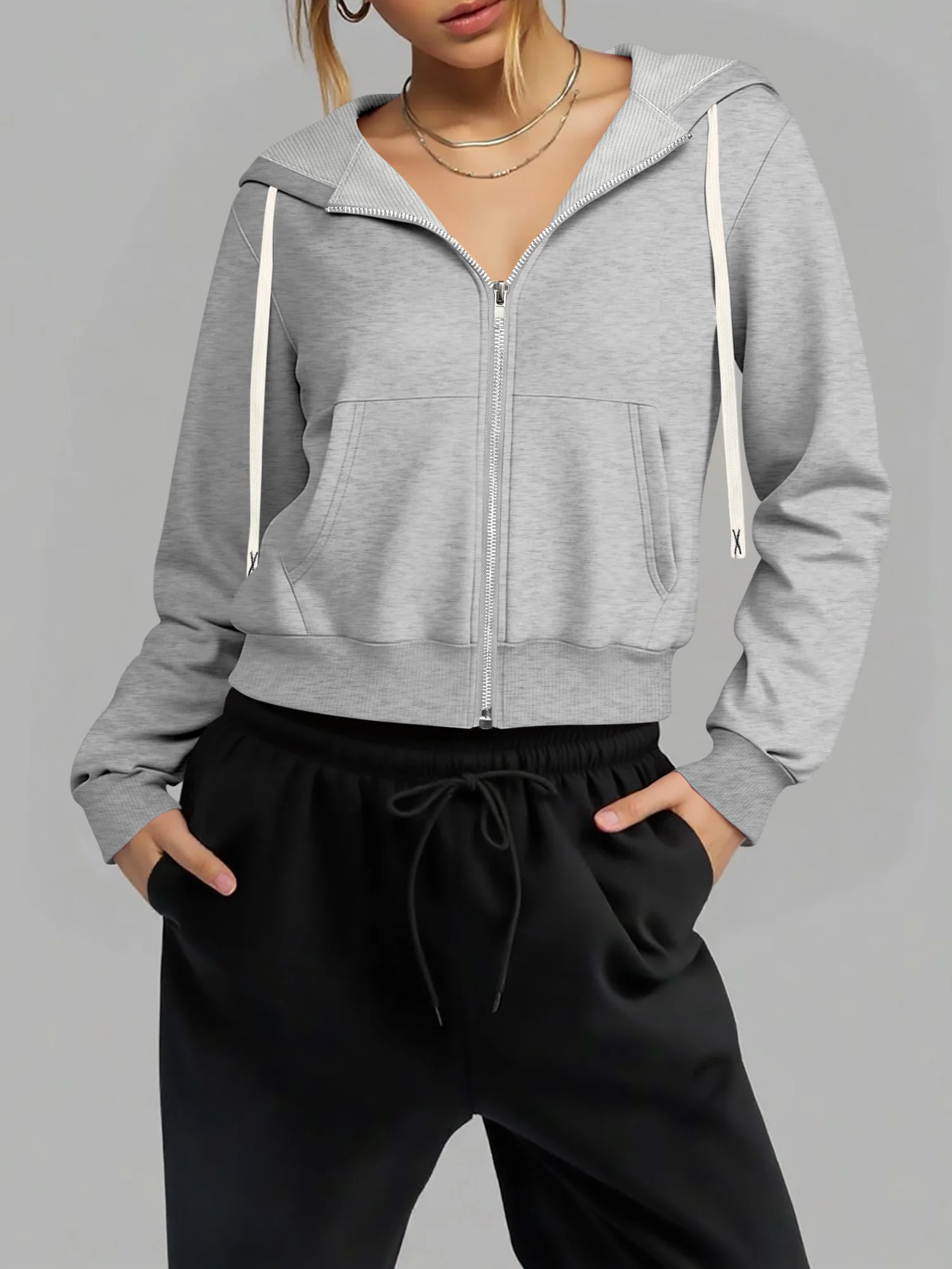 

Женская укороченная толстовка на молнии с флисовой подкладкой для сохранения тепла, с ребристой отделкой, повседневная верхняя одежда с карманами для холодных дней