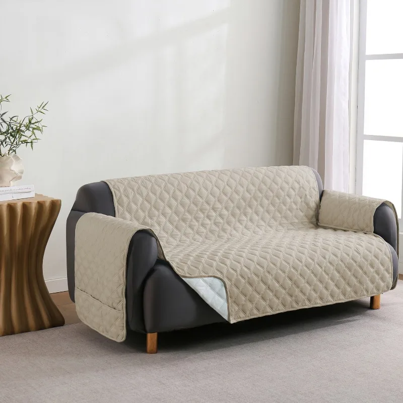 Solid Color Quilted Sofa Slipcover With Side Pockets Non‑Slip Furniture Protector Cover Pet‑Friendly For Living Room Decoration