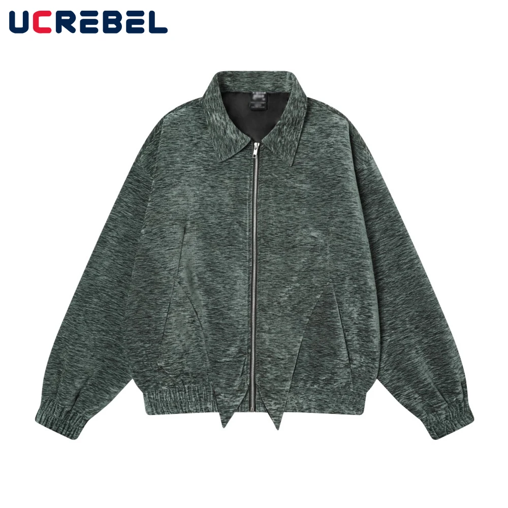 

Retro Spliced Jacket Mens Solid Color Autumn High Street Loose Lapel Long Sleeve Outerwear Man