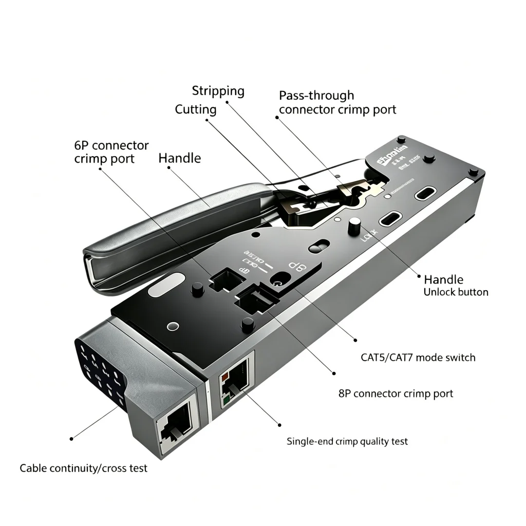SHOMLIN SML‑368F RJ45 Crimping Pliers Built‑in Single‑end Cable Tester Multifunction Network Crimper for CAT5e‑CAT8 RJ45 RJ11
