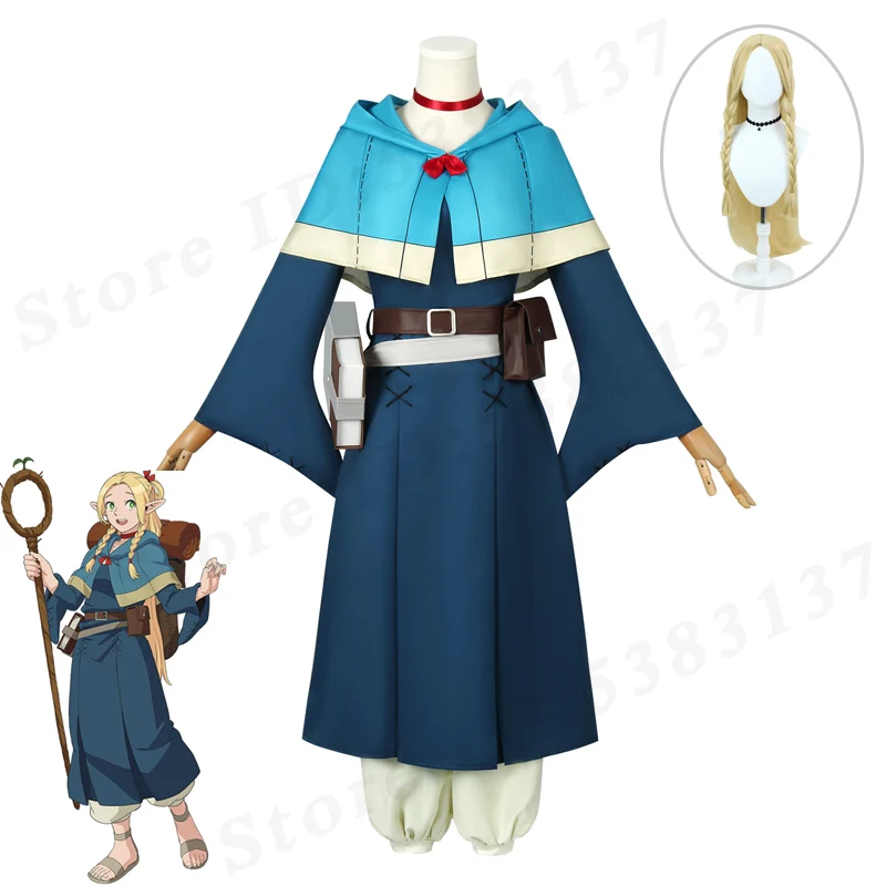 Elven Mage Damen Halloween Party Outfits Marcille Donato Cosplay Kostüm Perücke Anime Delicious in Dungeon Kleid Umhang Tasche Kopfbedeckung