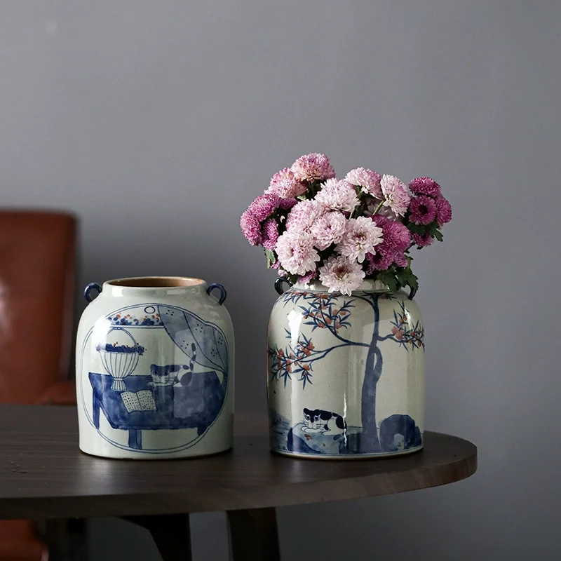 

Hand-Painted Vase Blue And White Porcelain Design Vases Retro Flower Ware Pottery Pot Flower Creative Arrangement Decoration