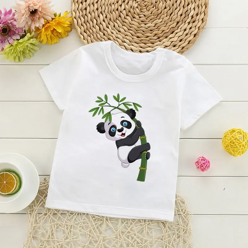 Unisex Cute White Summer Boys T-shirt Cartoon Painter Panda Eating Bamboo Children Clothes  Baby T Shirt Girls Tshirt