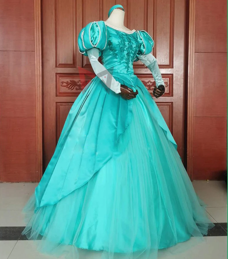 New Style Arieling Princess Cosplay Costume Green Pink Dress Sleeve With Pearl For Adult Women Halloween Party Custom Made