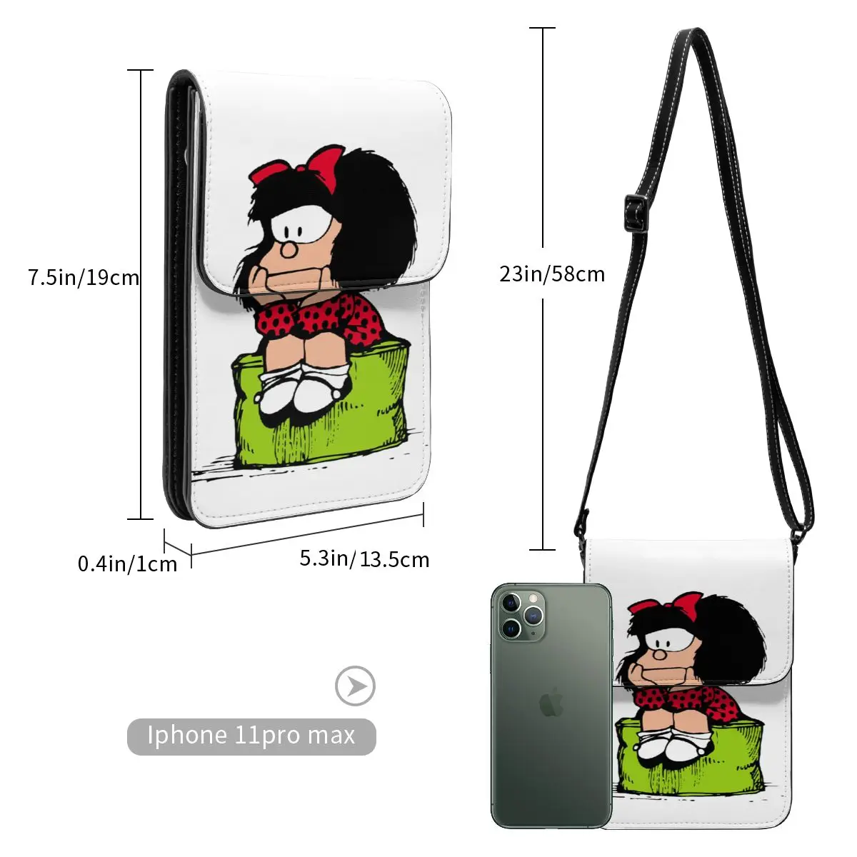 Cute Mafalda Leather Cell Phone Purse Merchandise Fashion Female Crossbody Bag Card Case Lightweight