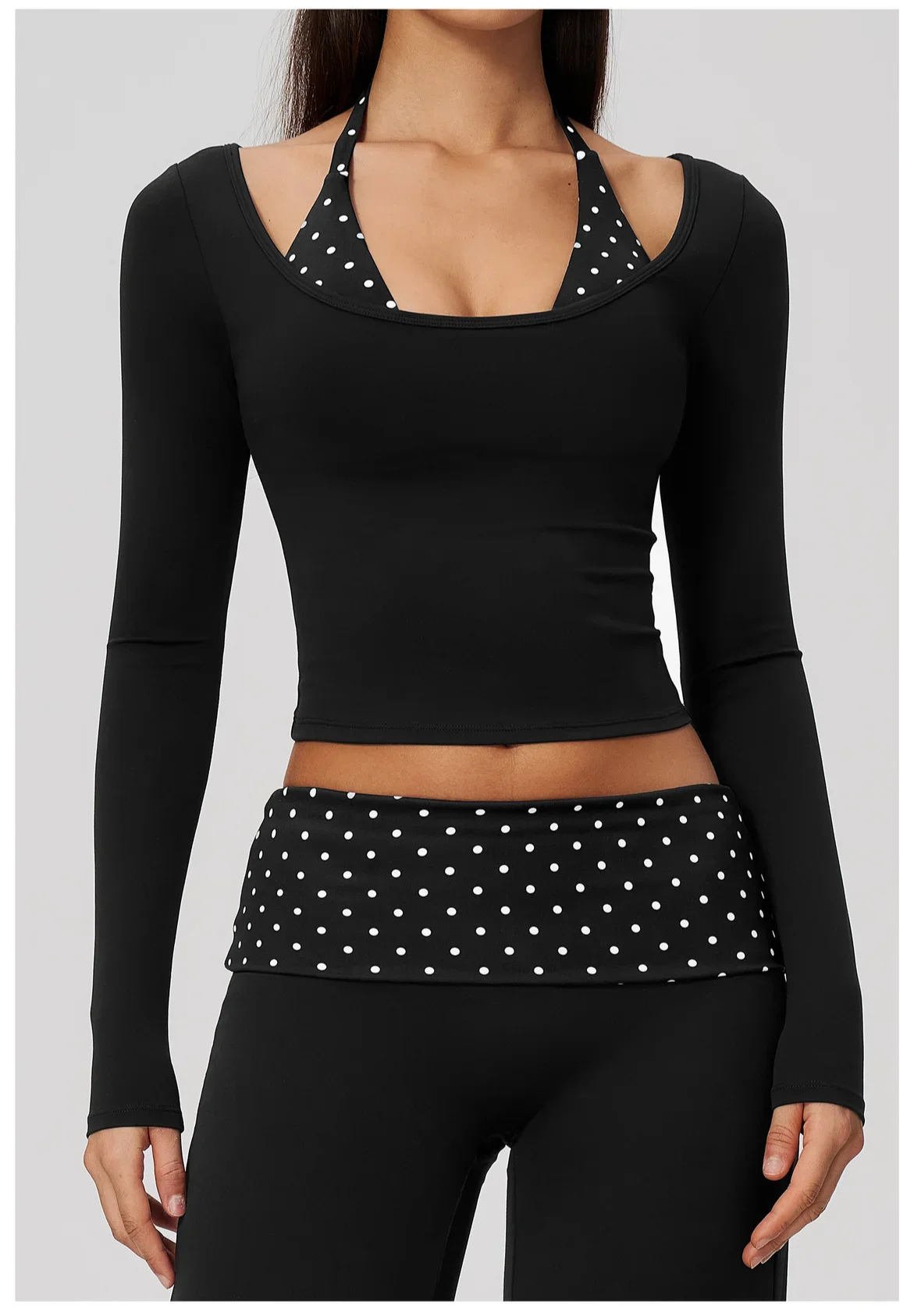 Yoga Langarm-Fitness-Top, Gym-Workout, Damen-Top mit Neckholder, Streifenmuster, kurzes, aktives Shirt, atmungsaktiv, für Sport und Training – Detail 11